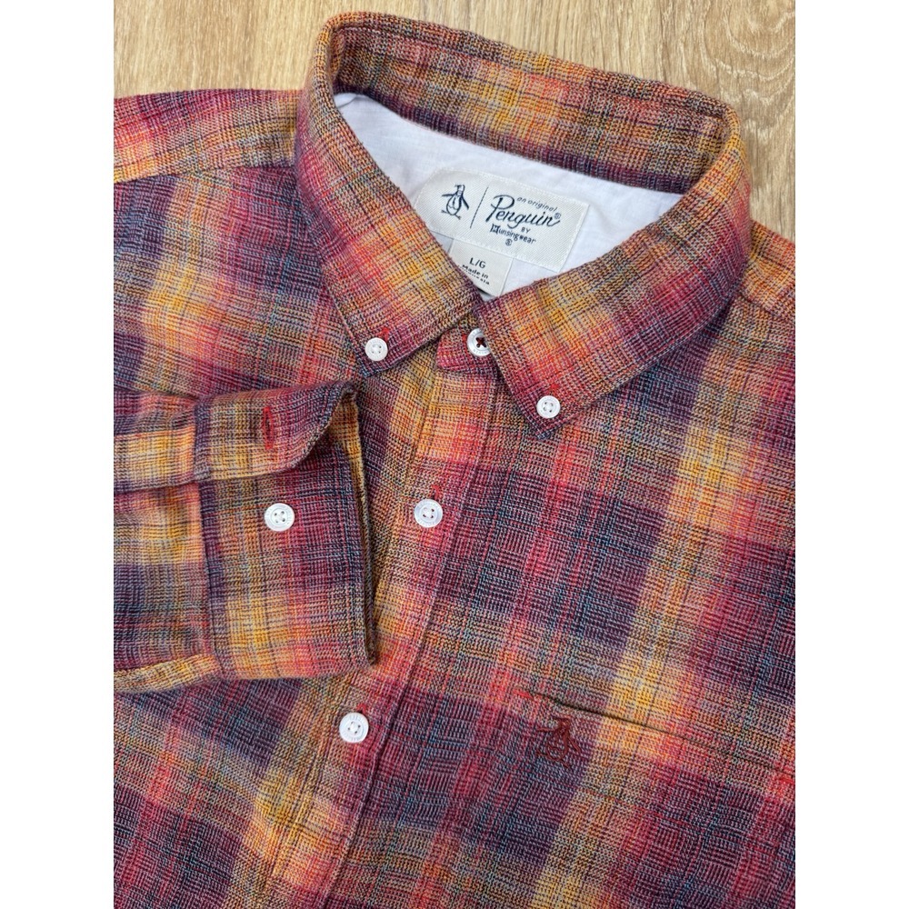 Penguin Plaid Button Down Long Sleeve Casual Shirt Light Flannel Colorful Mens L